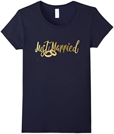 Women's Just Married Shirt Gold Foil Wedding Honeymoon Bride Groom Medium Navy