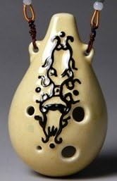 Hulu 6 Holes Alto C Beige Glazed W/black Sign Ceramic Ocarina - Great Gift. Linn's Arts!