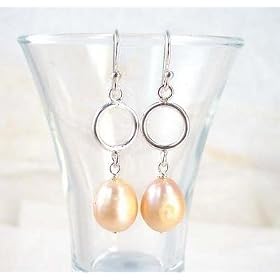 Large Peach Pearl and Sterling Silver Drop Earrings