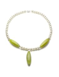 Sterling Silver 7-8mm White Freshwater Pearl and 12x40mm Barrel Shape Olive Serpentine Necklace 18"