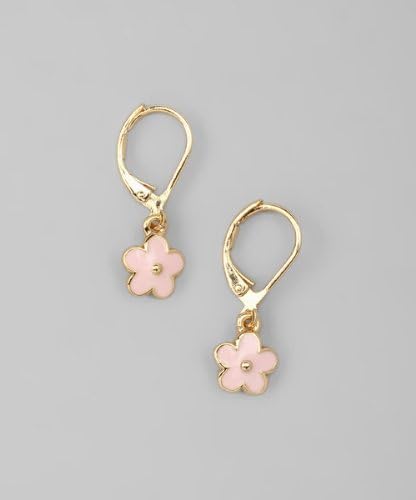 Pink Enamel Flower Yellow Gold-Tone Kids Pierced Dangle Earrings