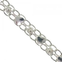 Heart Tag Anklet with Flower Accents in Sterling Silver 10 Inch
