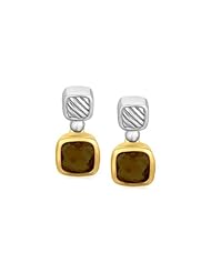 18K Yellow Gold and Sterling Silver Cushion Smokey Topaz Accented Drop Earrings