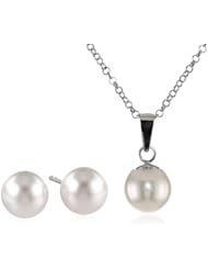TARA Pearls 7 X 8mm Akoya Pearls Sterling Silver Earrings and Pendant Necklace Jewelry Set, 15+3"