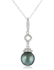 14k White Gold 9-9.5mm Tahitian Cultured Pearl and Diamond Pendant Necklace (0.1 cttw, G-H Color, I1-I2 Clarity), 17"