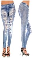 ECOSCO Women Punk Ripped Effect Denim Fake Jeans Legging Tregging Tight BLUE