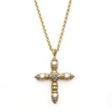 14k Yellow Gold Cultured Pearl and Diamond 'X' Cross Pendant with Chain