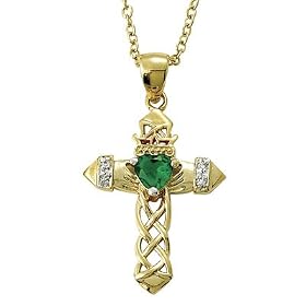 Buy 24K Gold Over Sterling 1 Claddagh Cross Necklace with Emerald Cubic Zirconia Stone on 18 Chain by TrueFaithJewelry