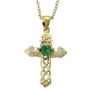 Buy 24K Gold Over Sterling 1 Claddagh Cross Necklace with Emerald Cubic Zirconia Stone on 18 Chain
