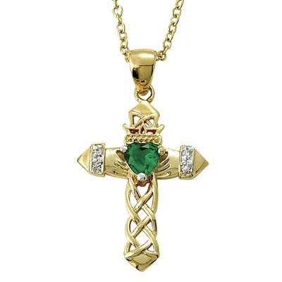 24K Gold Over Sterling 1″ Claddagh Cross Necklace with Emerald Cubic Zirconia Stone on 18″ Chain