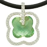 14K White Gold Flower-Shaped Pendant, Centered with a Green-Amethyst Semi-Precious Color Stone and Enhanced with Pave Set Diamonds, Sliding on a Rubber Chain Set with a 14K White Gold Clasp.