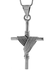 Sterling Silver Wire Wrapped Tube Cross Pendant Handmade, 1 5/8 inch