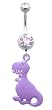 Stainless Steel Belly Ring with Violet Crystals - Purple T-Rex Dinosaur Dangling