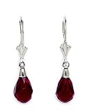 14k White Gold Garnet 9x6mm Swarovski Crystal Pear Drop Leverback Earrings - Measures 29x6mm