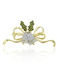 Alexander James White Gold and 14k Gold Bonded Jingle Bells Brooch with Round Cut Clear Cubic Zirconia Accents in a Goldtone