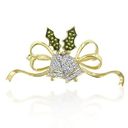 Jingle Bells and Ribbon Brooch - Gold-Plated and Rhodium-Plated, Clear and Dark Olive CZ