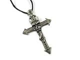 Horned Gothic Skull on Cross Pewter Pendant with Adjustable Cord Necklace