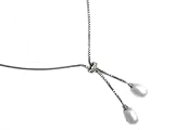 14K White Gold Lariet Necklace Set with Two Drop Fresh Water Pearls, Enhanced With Pave Set Diamonds