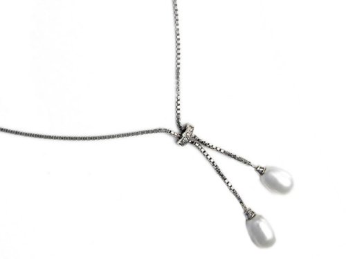 14K White Gold Lariet Necklace Set with Two Drop Fresh Water Pearls, Enhanced With Pave Set Diamonds