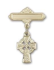 14K Gold Baby Badge with Celtic Cross Charm and Polished Badge Pin