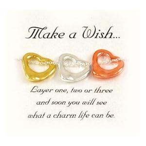 Beautiful Make A Wish Inspirational Tri-Tone Hearts Charm Necklace Silver Chain