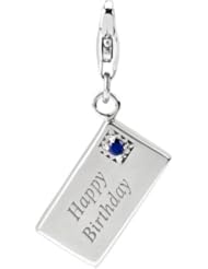 Sterling Silver Happy Birthday Card Charm with Lobster Clasp , 2.5mm Blue Sapphire , September Birth Stone , Width 3/8 Inch, Length 1/1/2 Inch, Weight 3.8g