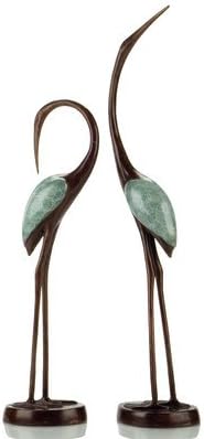 Antiqued Brass Crane Song Statues - Set of 2