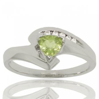 Solid 10KT White Gold Bypass Ring Green Peridot Diamond