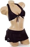 Womens Junior Size Swimwear Cute Black Halter 3 piece Bikini w/ Skirt Swimsuit