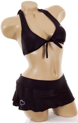 Womens Junior Size Swimwear Cute Black Halter 3 piece Bikini w/ Skirt Swimsuit