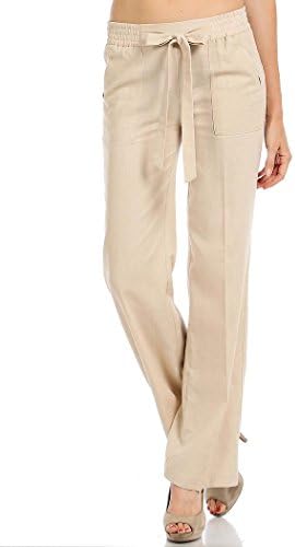 Rack29 Women's Solid Tie Bow Front Linen Long Office Work Casual Pants Medium Abeige