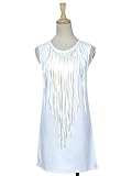 Anna-Kaci S/M Fit Off-White Shift Dress Tunic w Long Bohemian Vibe Fringe Detail