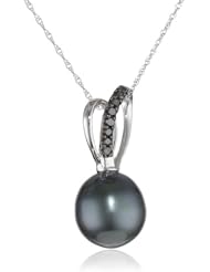 10k White Gold, Tahitian Cultured Pearl and Diamond Pendant Necklace (0.1 cttw, GH Color, I2-I3 Clarity), 17"