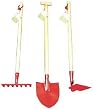 CHILDRENS LONG HANDLED TOOL SET. RAKE HOE AND SPADE APPROX. SIZE 700MM X 160MM G65