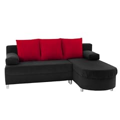 Ecksofa, Funktionssofa schwarz/rot mit Bettfunktion, Bettkasten und Ottomane - auch spiegelbildlich montierbar -