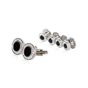 Onyx and Cubic Zirconia CZ Round Cufflink and Stud Set with Presentation Box by 