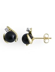 Black Coral Earrings with Diamonds in 14K Yellow Gold