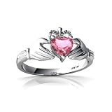 14K White Gold Heart Created Pink Sapphire Celtic Claddagh Ring