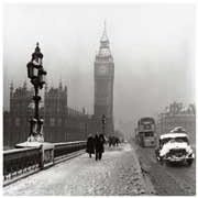 Winter in London with Big Ben in the background and snow on the ground (1955)