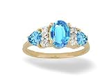 14K Yellow Gold Genuine Oval Blue Topaz and Diamond 3-Stone Ring
