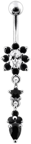 Black Flower Dangling Sterling Silver with 14G-3/8 Inch (1.6x10MM) 316L Surgical Steel Banana Belly Ring Body jewelry