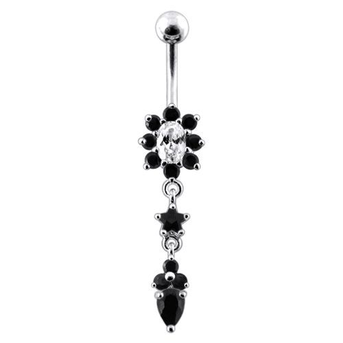 Black Flower Dangling Sterling Silver with 14G-3/8 Inch (1.6x10MM) 316L Surgical Steel Banana Belly Ring Body jewelry