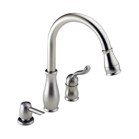 Click here to buy Delta 978-SSSD Leland Single-Handle Kitchen Faucet with Pull Down Spray Wand and Soap... by Delta Faucet.