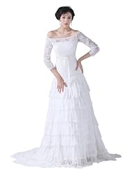 A-line Spring Summer Fall Off the Shoulder Lace Tiered Wedding Dress  with a Court Train  With a Ribbon  and a Sash 