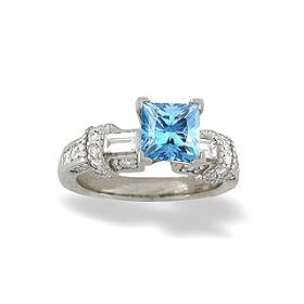 14K White Gold Genuine Square Blue Topaz and Diamond Engagement Ring by Jewels For Me