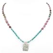 Rectangular Lotus Flower Pendant in Sterling Silver on a Pink Tourmaline and Turquoise Beaded Necklace, #7587