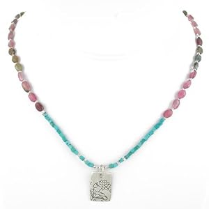 Rectangular Lotus Flower Pendant in Sterling Silver on a Pink Tourmaline and Turquoise Beaded Necklace, #7587