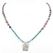 Rectangular Lotus Flower Pendant in Sterling Silver on a Pink Tourmaline and Turquoise Beaded Necklace, #7587