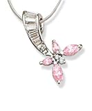 Butterfly style with pink CZ and clear baguette CZ Sterling Silver Pendant. Comes with a 16" Sterling Silver Necklace