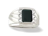 14K White Gold Genuine Emerald-cut Black Onyx and Diamond Men's Ring